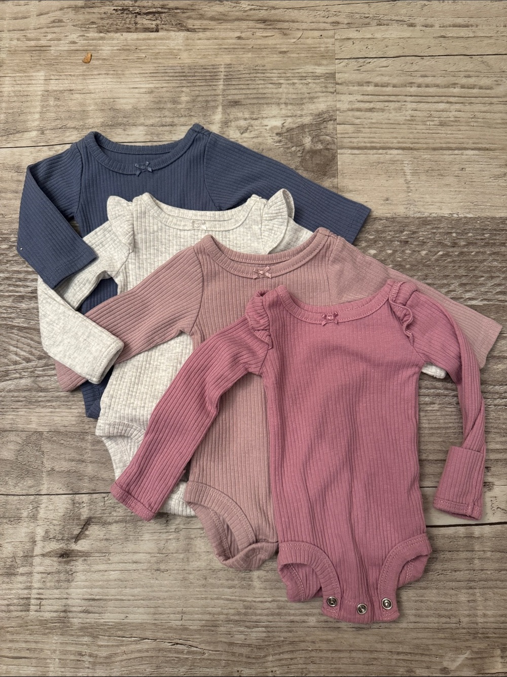 Kids Ribbed Long-Sleeve One-Piece Bodysuit - Rose, Mauve, Gray, Navy